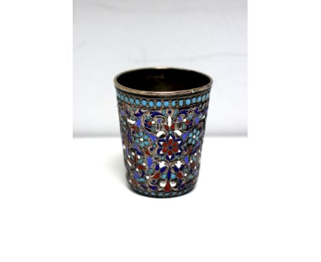 A small Russian silver and cloisonné vodka cup, maker's mark GK, combined Moscow city and 84 standard mark, 1882-1899, with r