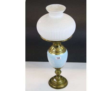 Late 19th / Early 20th century Oil Lamp with Opaque Fluted Shade and Pale Blue Well on Brass Stand, 65cms high