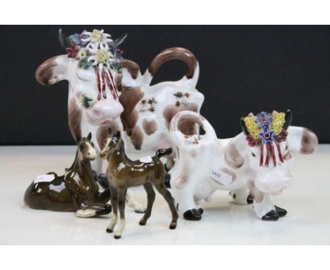 Two Beswick horse figures oval back stamp and two ceramic Austrian Wien cow figures 