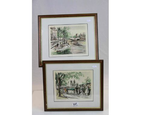 Franz D'Herbelot pair of lithograph prints views of Paris bearing signatures