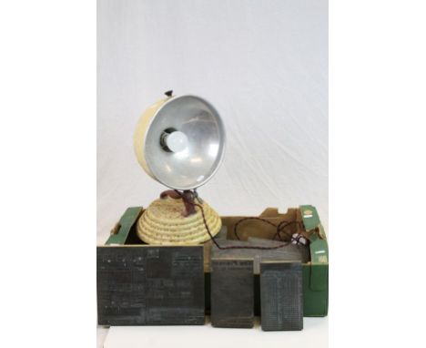 Tray of vintage Printing Blocks &amp; a vintage Barber's heat lamp converted to Electrical Lamp