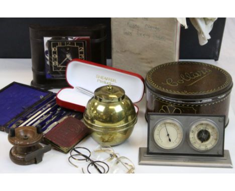 Mixed Lot of Collectables including Lipton's Tea Caddy, Smith's Bakelite Mantle Clock, Boxed Sheaffer Prelude Pen, Antique Sp