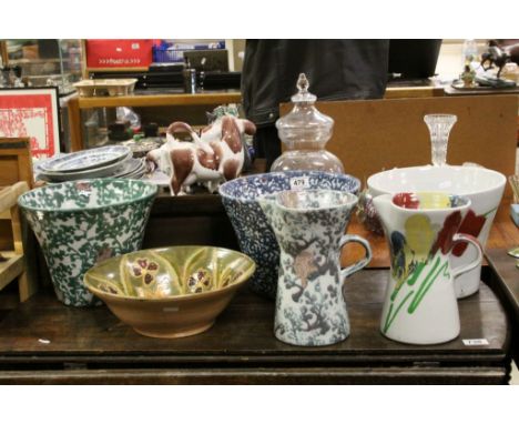 Three trumpet shaped ceramic jardiniere's, two similar jugs and a studio pottery bowl   