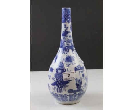 Chinese blue &amp; white ceramic bottle Vase, decorated with numerous images with a four character mark to base, stands appro