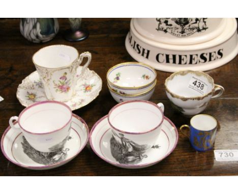 Group of continental ceramics to include Meissen cup, two tea bowls with Sevre marks to base a similar coffee can with painte