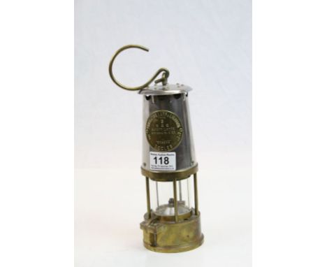 Miner's Lamp in white metal &amp; brass, marked "Protector Lamp &amp; Lighting Co Ltd type 6"