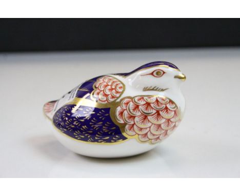 Royal Crown derby ceramic Paperweight, modelled as a Bird, with Gold stopper, approx 11cm long