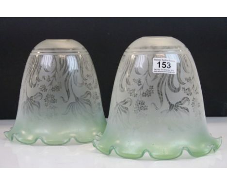 Pair of Late 19th / Early 20th century Art Nouveau Green Tinted Glass Lamp Shades with Etched Floral Decoration