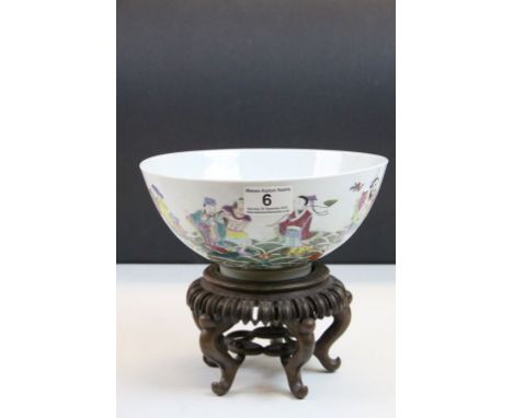 Chinese Famille Rose ceramic Bowl with Figural decoration &amp; seal type mark to base, with carved Hardwood stand, bowl appr