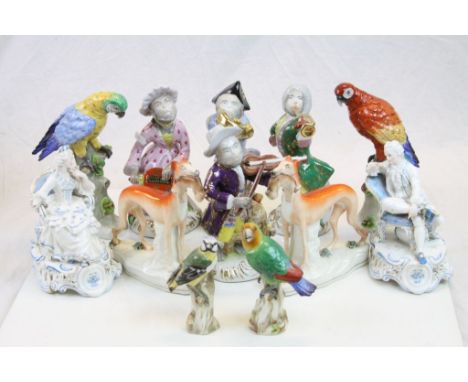 Collection of vintage Ceramic figurines etc to include four Monkey Musicians, pair of classical Figures, Hand painted Parrots
