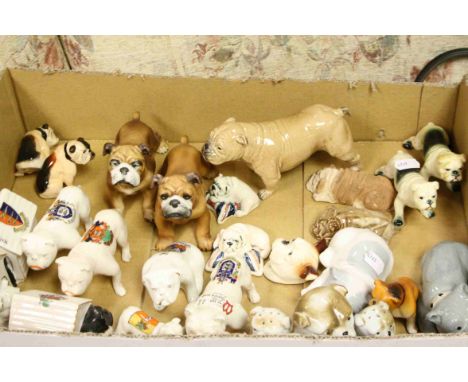 Quantity of ceramic bull dog figurines to include crested china in kennels etc two Royal Doulton figures etc 