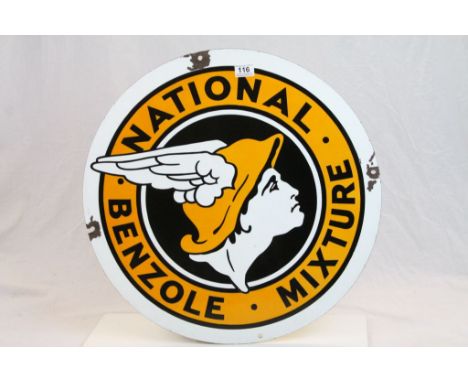 Vintage double sided circular Enamel Petroleum sign marked "National Benzole Mixture" and approx 61cm diameter