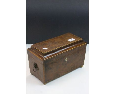 19th Century Burr Walnut veneer Tea Caddy, sarcophagus style with two internal compartments and Glass mixing bowl, measures a