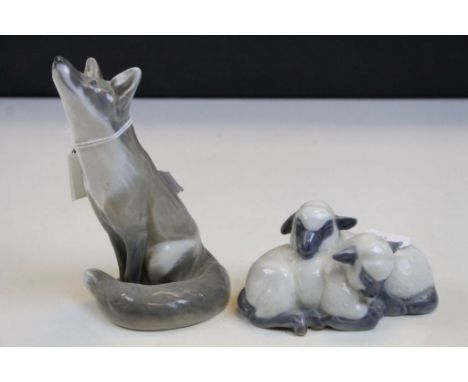 Two Royal Copenhagen ceramic Animals to include; pair of Lambs numbered 2769 &amp; a Fox numbered 1475