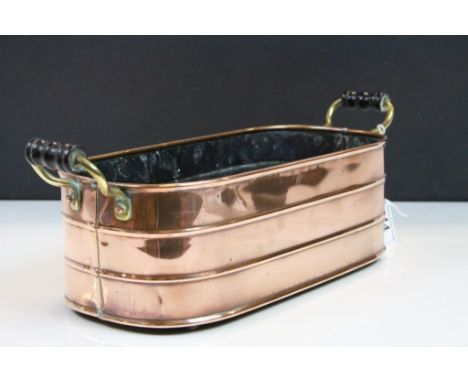 Vintage Copper Planter with Turned Wooden and Brass Handles