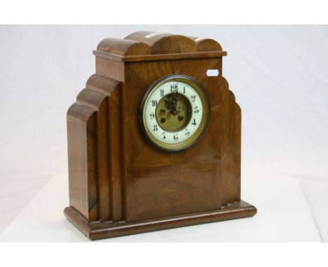Large Art Deco style veneered Wooden Mantle Clock with exposed escapement to the front dial, measures approx 36 x 35 x 16cm