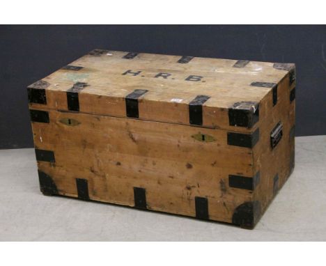 Victorian Pine Iron Bound Travelling Trunk, 92cms wide x 49cms high
