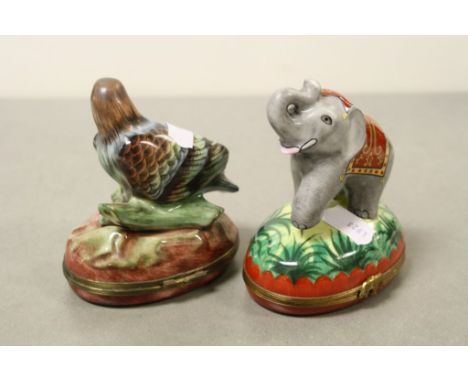 Two Limoges ceramic Trinket boxes, one with Elephant to lid the other an Eagle, Elephant box approx 10cm tall