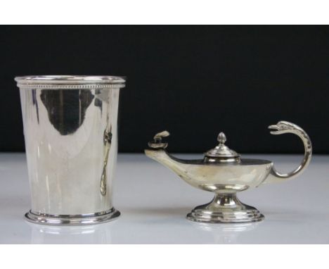 Empire pewter Patrick Henry mint julep cup with beaded boarder &amp; miniature silver plate genie oil lamp