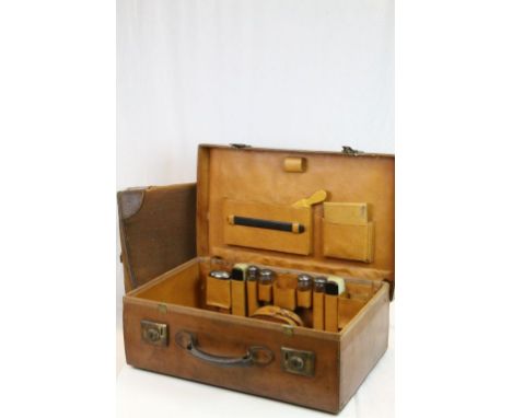 Early 20th Century Gents Leather Vanity Suitcase by Mappin &amp; Webb with Canvas outer cover and part fitted to include Hall