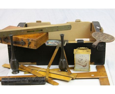 Group of Mixed Collectable Items including Union Jack Flag, Various Wooden Rulers. Large Copper Tray, Pewter Tray, Boxes, Man