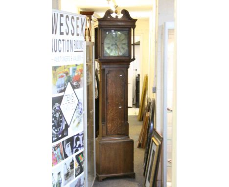 18th century Eight Day Oak and Mahogany Longcase Clock, the square brass dial with seconds dial and date aperture marked John
