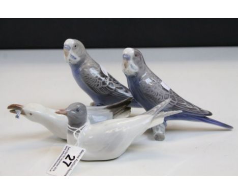 Four Royal Copenhagen ceramic models of Birds to include; Seagull number 1468 &amp; number 428 (damaged), 2 x Budgies  number