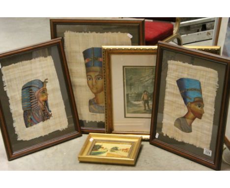 Three Framed and Glazed Paintings of Egyptians on Pampas Grass together with a Framed and Glazed Coloured Print titled ' The 