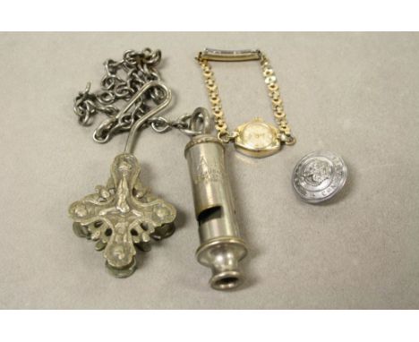 WW2 ARP Whistle, white metal Reliquary type box, Ladies Rotary Watch &amp; a Bristol Constabulary Police Button