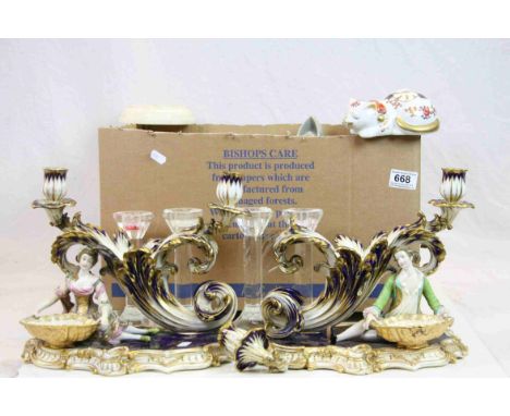 A box of ceramics to include pair of 19th century continental ceramic figurative candlesticks holding bowls,an oriental figur