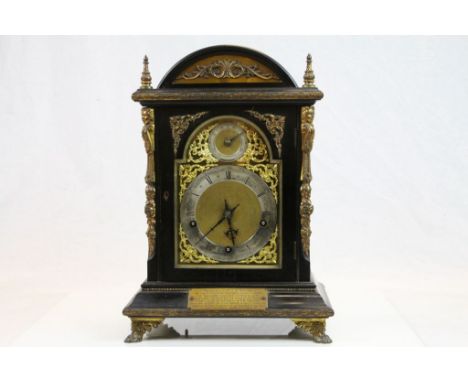 Late 19th Century presentation Bracket Clock in Ebonized Wooden case with Gilt metal detailing, silvered dial &amp; striking 