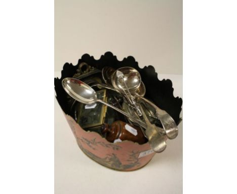 Oriental theme metal planter with a mix of vintage Silver plate &amp; other collectables to include Leahter cased Amber Chero