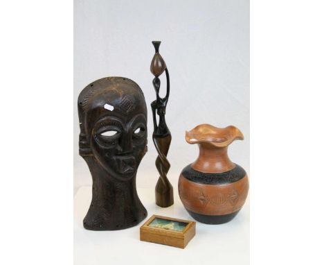 Wooden carved tribal mask, wood carving of a figure, ceramic vase and a box with painted ship decoration to lid 