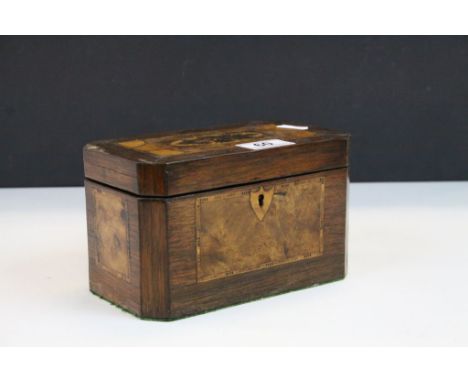19th Century Oak veneer twin compartment Tea Caddy with Marquetry inlay &amp; Tunbridge decoration to the lid, measures appro