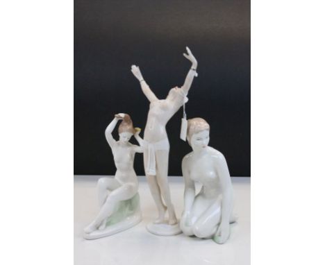 Three vintage Continental ceramic figurines of Nude females, the tallest approx 36cm