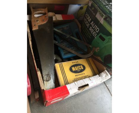 BOX OF TOOLS NUTS AND BOLTS ETC