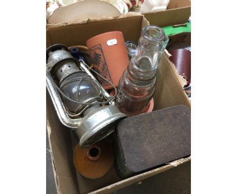 BOX WITH GLASS BOTTLES, STORM LAMP ETC.     T1