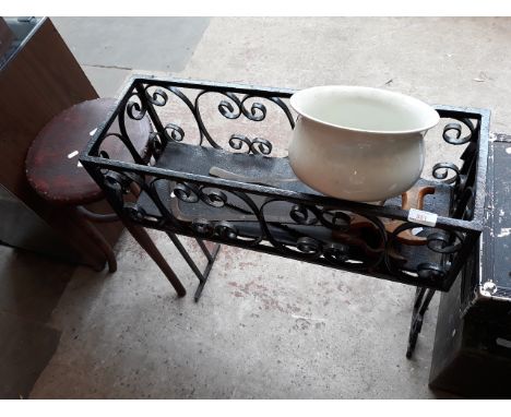 BENTWOOD STOOL, WROUGHT METAL PLANTER AND CONTENTS