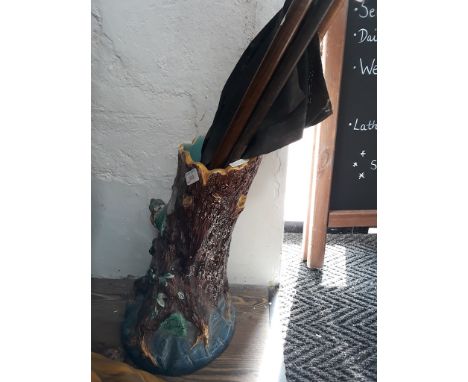 MAJOLICA STICK STAND AND STICKS AND UMBRELLASCONDITION: STICK STAND SHOULD HAVE A LARGE BIRD ON BUT IS MISSING/BROKEN OFF, HE