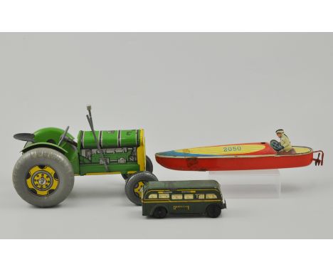German tin plate clockwork speed boat, 2050, to metal tin plate tractors, one with roller, cable car, tank and Greenline coac
