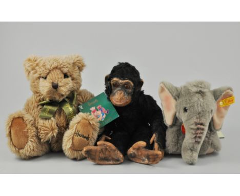 Dean's Childs Play Chimpanzee, HN Bears Travelling bear and musical Poodle, a Steiff Elephant, boxed and other soft toys.