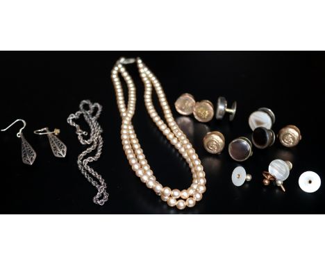 Small Mixed Lot Comprising A Box Of Various Shirt Studs, Silver Rope Chain, Silver Earrings And A simulated Pearl Necklace A/