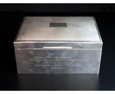 Silver Wood Lined Cigarette/Cigar Box, Fully Hallmarked For Birmingham R 1966, Makers Mark For H. Bros Harman Brothers. Inscr