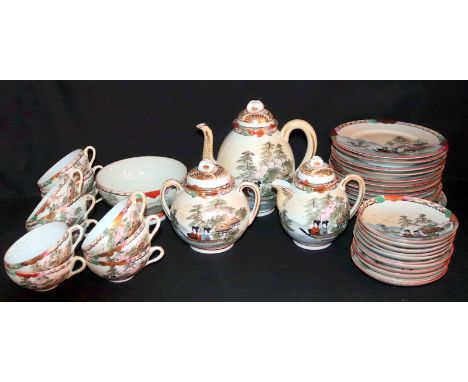 Oriental Tea Set, Painted Figures In Boat With Mountain Scene, Comprises Teapot, Cream, Sugar, 11 Cups And Saucers, 12 Side P