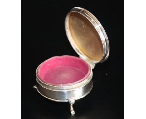 Silver Circular Tri Footed Trinket Box, Hinged Lid, Fully Hallmarked For Birmingham 1915, Diameter 2.75 Inches 