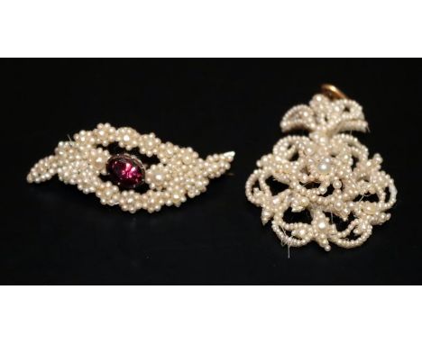 Seed Pearl Brooch With Central Red Gemstone In Fitted Box Together With A Seed Pearl Pendant 