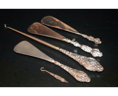 Five Victorian Silver Handled Button, Shoe And Lace Hooks 