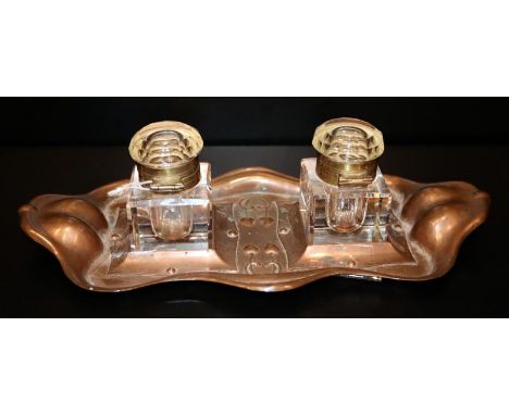 Arts & Crafts Copper Moulded Inkwell Tray, Embossed Flower Design With 2 Hinged Inkwells (One Hinge Requires Attention), Leng
