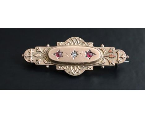 9ct Gold Antique Bar Brooch, Set With Three Gemstones, Gothic Revival Decoration, Glazed Back, Fully Hallmarked Or Chester R 