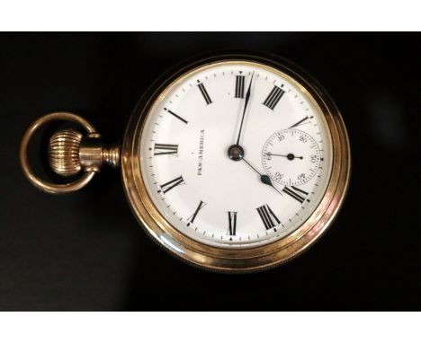 Pan America Open Faced Pocket Watch, White Enamelled Dial With Roman Numerals And Subsidiary Seconds, 55mm Gold Plated Case W